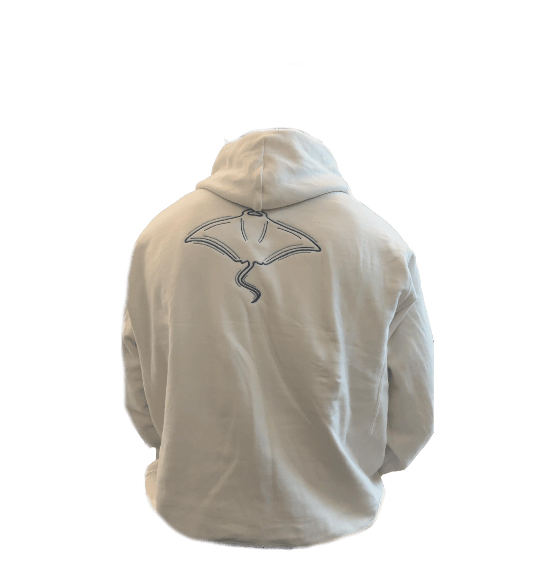Model wearing a cream hoodie embroidered with a manta ray on the back